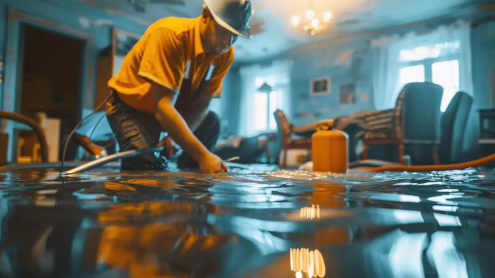 Technician in an orange shirt working on a flooded living room floor with hoses and equipment